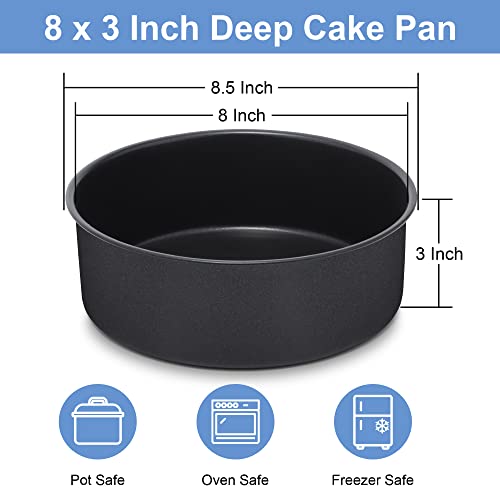 Teamfar 8 X 3 Inch Cake Pan Set, 2 Pieces Stainless Steel Black Non-Stick Coating Baking Round Cake Pan For Birthday Wedding Layer Cakes, Non-Toxic & Anti-Rust, One-Piece Design & Heavy Duty #TOP1