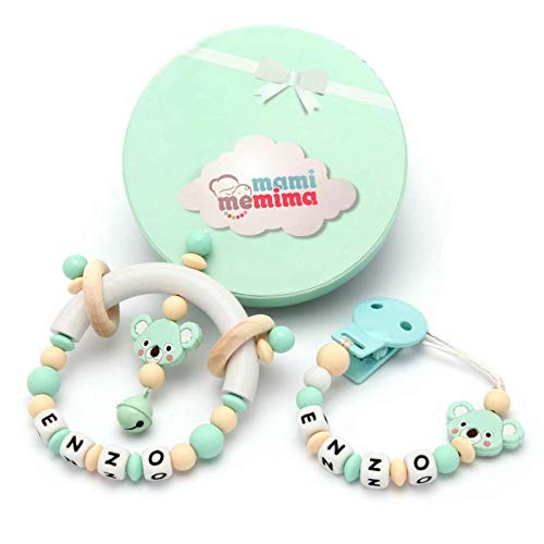 Pack Regalo Chupetero Mordedor & Sonajero Mordedor Natural Mint Koala Personalizado con Nombre