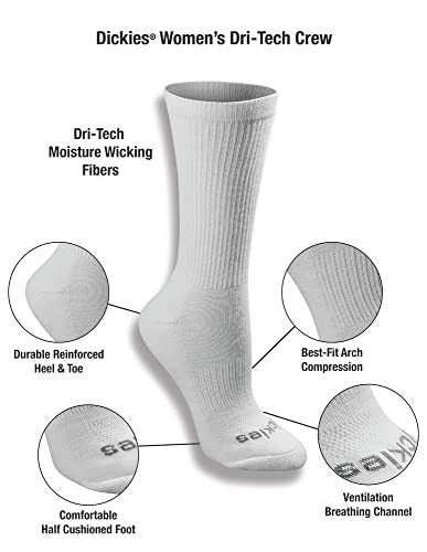Dickies Womens Dritech Advanced Moisture Wicking Crew (6/12 Packs) Casual Sock, White Solid (6 Pairs), Shoe Size 6-9 Us #TOP3