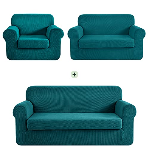 Chun Yi 2 Piece Stretch Sofa Slipcover Set For Couch And Loveseat And Armchair, Sofa Cover Set For 1 2 3 Seater Settee, Small Checks Jacquard Fabric (Teal/Turquoize, Covers For Sofa& Loveseat & Chair) #TOP9