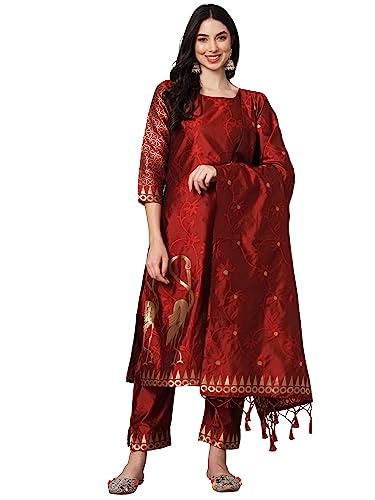 Image of VredeVogel Women's Cotton Silk Jacquard Kurta Pant Set with Banarasi Silk Dupatta