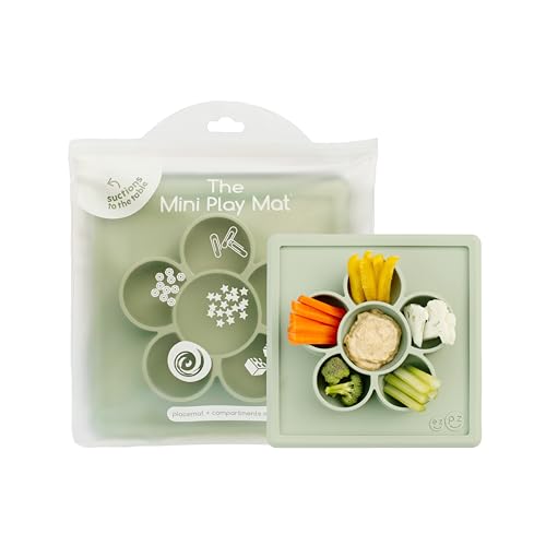 Image of ezpz Mini Play Mat for Baby + Toddler (Sage) - 6 Months+ - Suction Plate with Flower Compartments for Crafts, Painting, Sorting, Snack Time - Promotes Pincer Grip