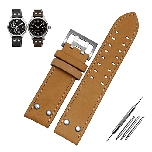 Bracelet de montre en cuir véritable kaki 20mm boucle à bouton argentée pour montre homme femme