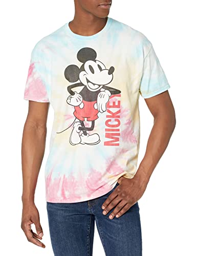 Disney Characters Mickey Leaning Young Men's Short Sleeve Tee Shirt, BLU/PNK/LY, Small