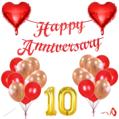 Image of Flyloons 10th Happy Anniversary Decoration Items Red Rose Gold for Men Women Husband Wife Mom Dad Parent Couple Home Bedroom Car With 20 Pcs Metallic Balloons Anniversary Banner 2 Pcs Heart Set Kit