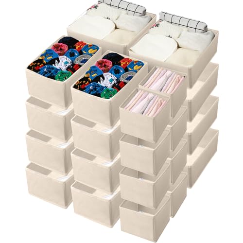 Image of Potchen 24 Set Fabric Dresser Drawer Organizer Bins Dividers for Clothes – Nursery Home Bins Fabric Foldable Closet Clothing Wardrobe Storage Box Container Basket for Bras Socks Underwear(Beige)