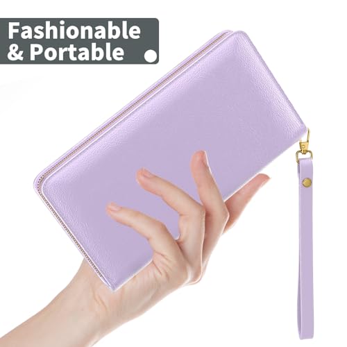 Image of Nipichsha Womens Wallet, RFID Wristlet Wallet for Women, Cute Ladies Purse, Large Credit Card Clutch Purse, Leather Card Holder Wallets with Zipper & Phone Holder, Purple