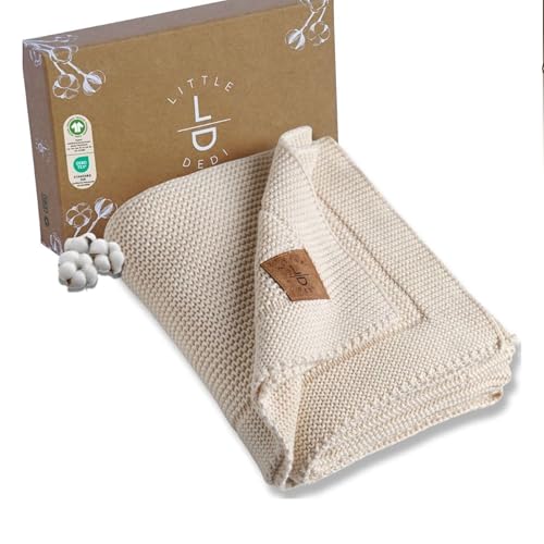 Little Dedi Strickdecke aus 100% Bio-Baumwolle GOTS Zertifizert, 80x100 cm. Beige- Atmungsaktiv, Temperatur regulierend, in eleganter Geschenkbox für Babys