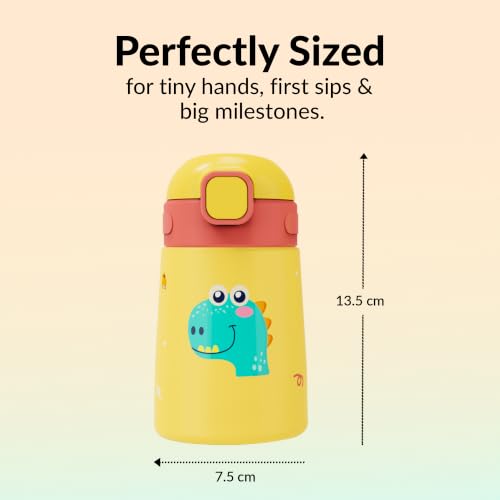Image of rabitat Milo Stainless Steel Water Bottle 350ml | 2 Year Brand Warranty | BPA Free | Leakproof Steel Sipper Bottle for Kids | Flip Lock Lid with Straw | Easy Carry Handle | Dino Dash