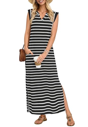 AUSELILY Sundresses for Women Wrinkle Free Casual Travel V Neck Split Sleeveless Loose Long Maxi Dress with Pockets 2026 Black White Stripes L