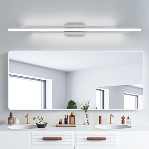 Image of 55 Inches Nickel LED Modern Bathroom Vanity Light Fixtures Dimmable 5CCT Vanity Light Bar Over Mirror 3-Light Wall Light for Bathroom Over Mirror Picture Light