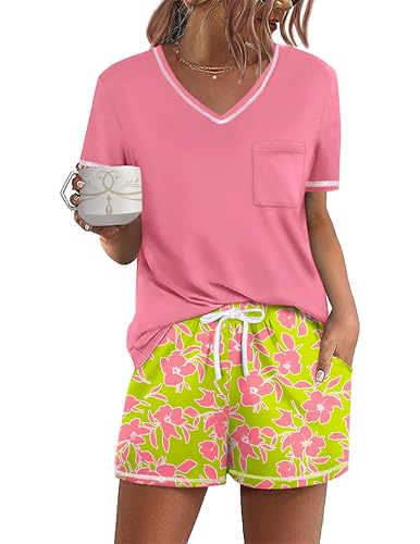 Ekouaer Women's Pajamas Sets Short Sleeve Pjs Two Piece Sleepwear Casual Lounge Sets With Pockets Floral XL