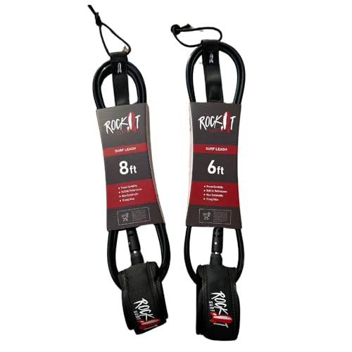 Rock It Surf Premium Surfboard Leash, 6ft & 8ft Surf Board Leashes, 7mm Legrope Strap for Shortboard or Longboard Made with Recycled Materials, Extra Strength Velcro & Stainless Swivels (8ft)