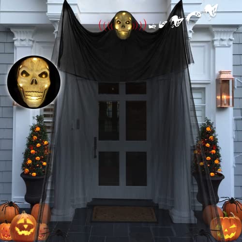 FUXHBFB Decoracion Halloween,3.3M Fantasma Colgante Esqueleto con Ojos Brillantes y una Voz Espeluznante,Negra Halloween Decoracion Colgante Fantasma para la Barra de la Fiesta Cover