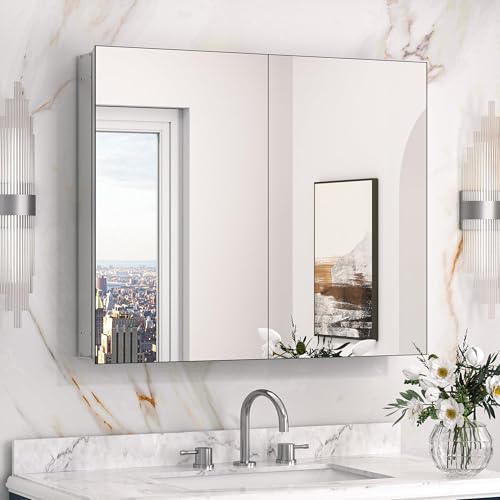 Image of Keonjinn 30 x 26 Inch Bathroom Medicine Cabinet with Mirror, Assembly Required, Combined Double Doors Wall Cabinets, Flexiable Ample Storage, Recessed or Surface Mount, Soft Closing