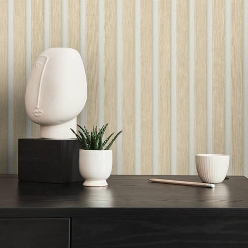 TADESSI Papier peint - Panneaux en bois - Papier peint non tissé - Beige - Blanc - Aspect lamelles - Aspect bois