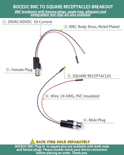 Image of BNC Test Leads, BNC (F) to Square Pin Receptacles, Test Lead Breakout Cable for Multimeter, 5A Current Rating, 2 Pack