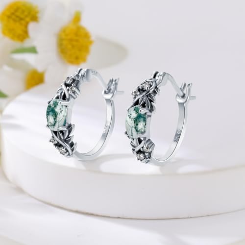 Vintage Daisy/Rose/Butterfly with Natural Moss Agate Hoop Earrings 925 Sterling Silver Retro Moss Agate Hoop Earrings for Women Gifts4