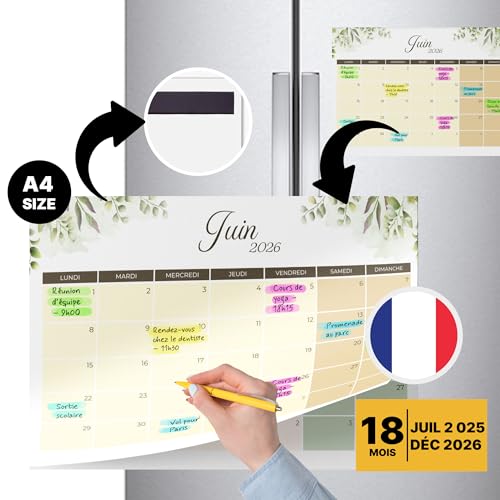 Finoly Calendario Magnetico Nevera Julio 25 Diciembre 26 (18 Meses) en Francés | Calendario Iman Nevera 2025 | Almanaque Magnético con Adhesión Fuerte (Naturaleza)