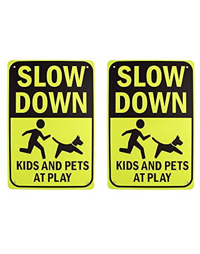 QWORK® Slow Down Sign, "Kids and Pets at Play" Street Sign Warning Plaque Waterproof Anti-Glare 8" x 12" (20 x 30 cm), 2 Pack