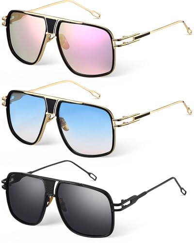 Image of Frienda 3 Pairs Retro Sunglasses for Men Oversized Men Shades Glasses Fashion Alloy Metal Gold Frame Polarized Sun Glasses