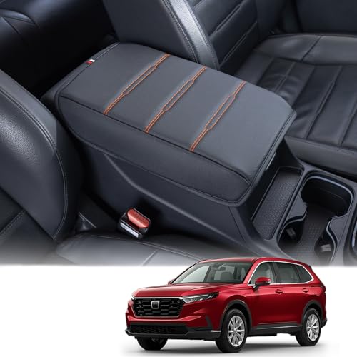 PIMCAR Center Console Cover Designed for 2026 2025 2024 2023 Honda CRV PU Leather Armrest Box Cover Interior Protector Accessories(Black/Orange Stitches)