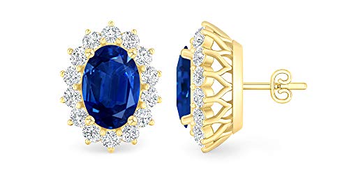 Oval Blue Sapphire and Diamond Fancy Halo Floral Stud Earring in 18 Carat Yellow Gold (6X4 MM Gemstone)2
