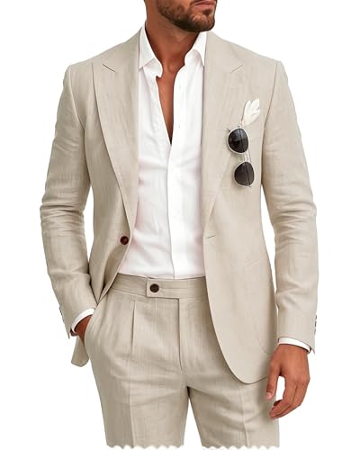 ACAMZ Men Casual Linen Suit Lightweight Mens Sport Coat Beige