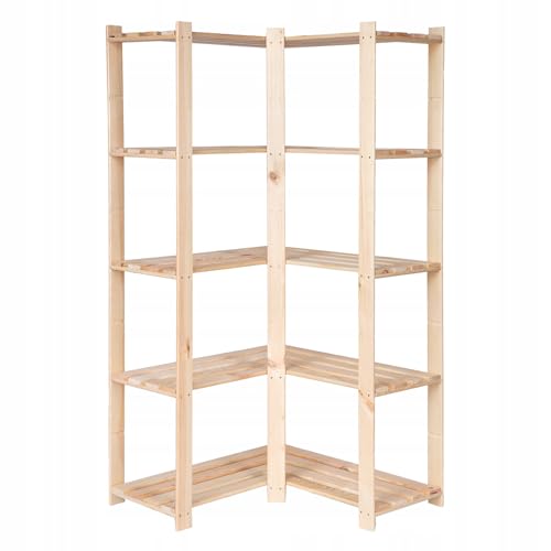 STOLMAK Holzregal Eckregal 170x83x38 cm (HxBxT) Standregal Natur Lagerregal mit 5 Ablagen Stehend Garage Regal Keller Wohnzimmer Kiefernholz Badregal Pflanzenständer