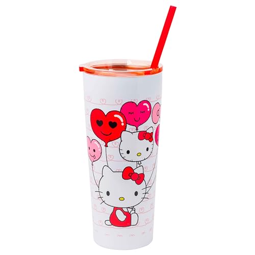 Image of Silver Buffalo Sanrio Hello Kitty Heart, Stainless Steel Tumbler, 22oz | Balloons, Double Walled, Includes Straw, 0.65 Liters