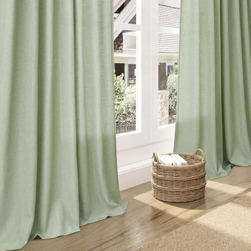Image of Nanspring Mist Sage Linen Curtains 102 Inches Long Rod Pocket Back Tab Drapes 2 Panels Set for Living Room Bedroom Light Filtering Semi Sheer Mist Sage Curtain 102 Length for Patio Door 52x102