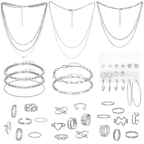 34 Pcs Silver Jewelry Set for Women Layered Bracelets Ball Dangle Hoop Earrings Stackable Knuckle Rings Set Dainty Adjustable Necklaces Valentine Anniversary Trendy Party Costume Accessories Jewelry