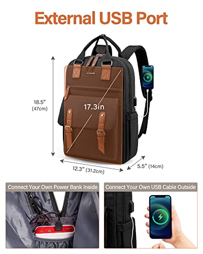 LOVEVOOK-Laptop-Backpack-for-WomenVintage-Work-Business-Travel-Backpack-with-USB-Charging-PortTeacher-Doctor-Nurse-Computer-Bag-PurseCollege-High-School-Backpack-Bookbag17-Inch-Black-Brown