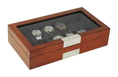 Timelybuys 12 Cherry Wood Watch Box Display Case Storage Jewelry Organizer With Glass Top, Stainless Steel Accents, And Oversized Deluxe Pillows #TOP2