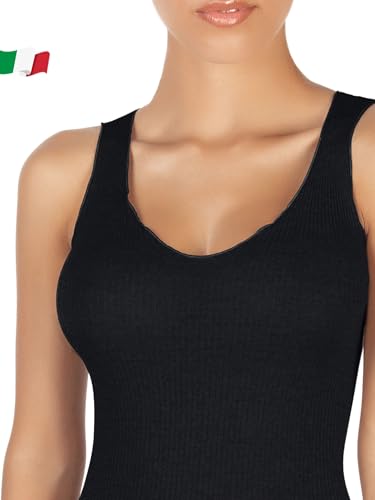 EGI Tanktop für Damen, breite Schultern, Wolle, Seide, Mikroripp, elegante weiche Unterwäsche, Made in Italy, Art. 1492, Schwarz , L/XL