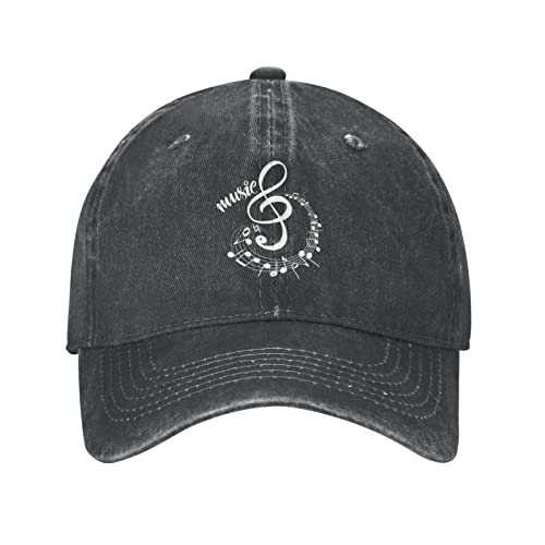 VunKo Gorra de béisbol para hombre, diseño de notas musicales, diseño de icono de música desgastada, ajustable, de mezclilla lavada, Notas musicales, icono, música, color negro, talla única