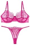 AIEOE Dessous-Sets für Damen Sexy Reizwäsche Transparent Netz BH mit Bügel Tanga Blumen Bestickt Träger Unterwäsche 2 Teilig Lingerie Aaus Spitze Negligee Verstellbar Outfit