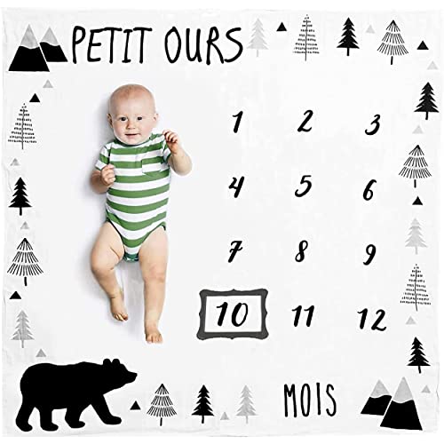 Couverture Etape Bébé Français Petit Ours, Certification Oeko TEX, Couverture Bébé Photo Mois, Tapis Mois Bébé, Cadeau Naissance Garçon, Cadeau Bébé Garçon, Cadeau Baby Shower Garçon, en Polaire Cover