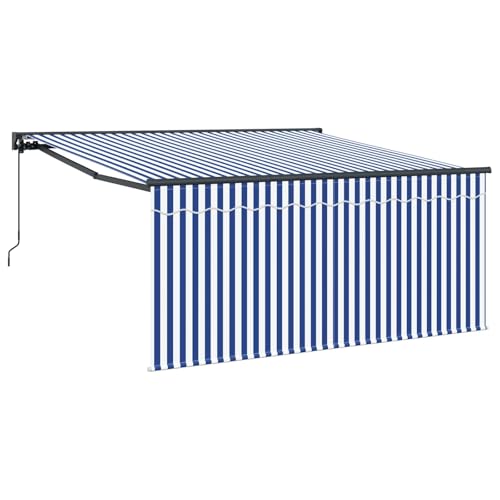 vidaXL Retractable Awning Manual Blue and White 350 x 250 cm, Modern Garden and Terrace Shade, Rectangular Outdoor Awning, UV-Resistant, Durable, Adjustable, Blue White Canopy