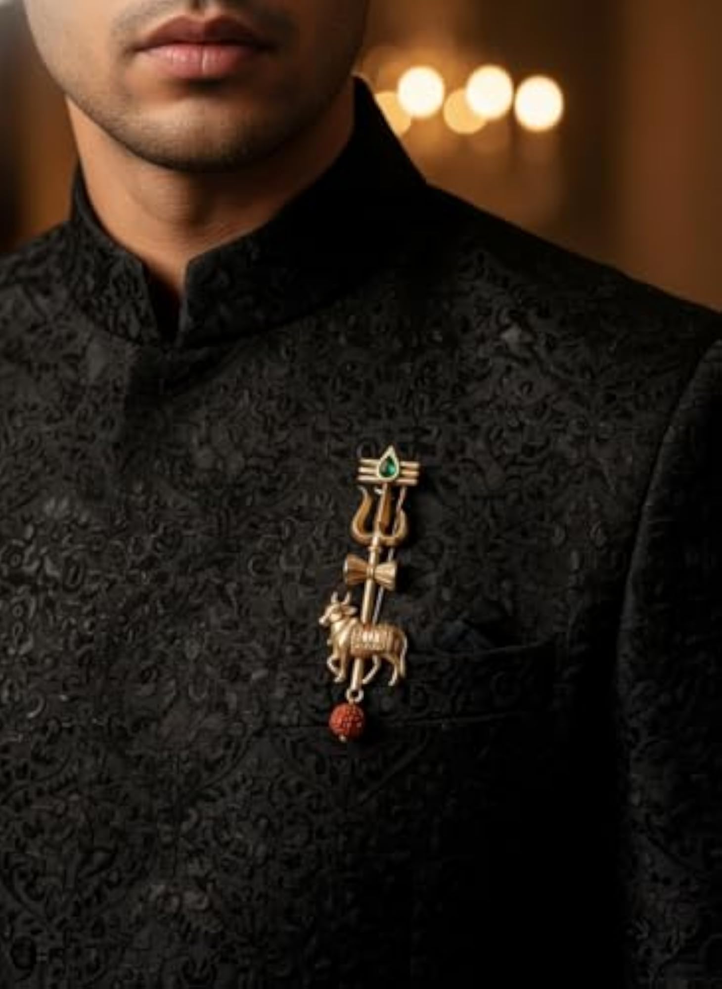 Royal Nandi Tilak Brooch - Antique Gold Sacred Bull & Tripundra Shield