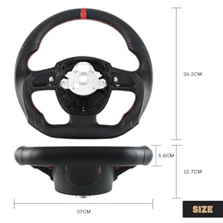 Acclcors Full Leather Steering Wheel Anti-slip Perforated Leather Grip Breathable D-shaped Flat Bottom Steering Wheel with Red Stitched, Fit for Audi for A4(only B7) for A5 for S4 for S5 2008-2010