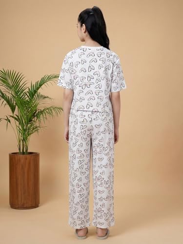 Image of Li'l Tomatoes Girls Cotton Night Suit Set | 100% Cotton Summer Co-Ord Set | Half Sleeve T-Shirt & Full Length Pajama | Soft & Breathable Printed Clothing Set | 9-16 Years