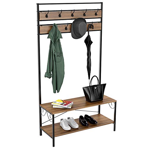 YAHEETECH Industrial Hall Trees with Bench and Coat Rack Entryway Bench with Coat