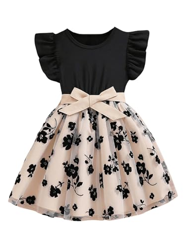 WDIRARA Toddler Girl's Floral Print Ruffle Sleeve Dress Bow Flowy Flared A Line Dresses