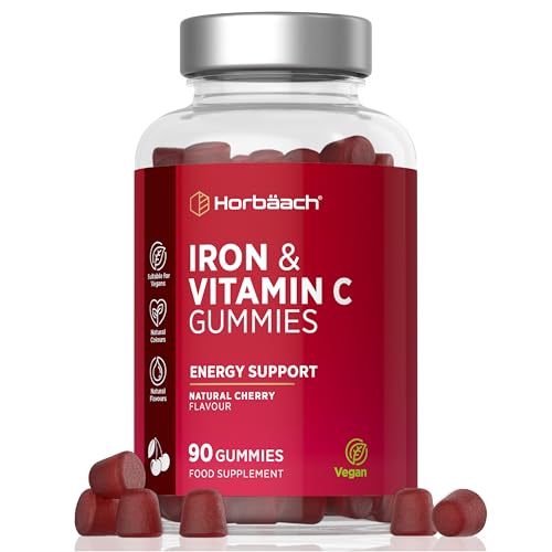 Iron Gummies with Vitamin C | High Strength 14mg Iron Supplement | 90 Vegan Gummies | Natural Cherry Flavour - Alternative to Tablets | for Men & Women | by Horbaach