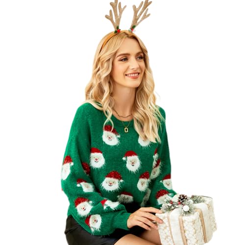 Image of Women's Christmas Top Long Sleeve Round Neck Santa Claus Knitted Sweater Pullover Top