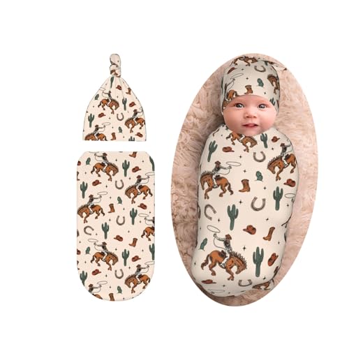 Image of Western Baby Stuff Swaddle Blanket with Beanie Set, Soft Cactus Newborn Swaddle Sack Receiving Blanket for Shower Infant Girls Boys