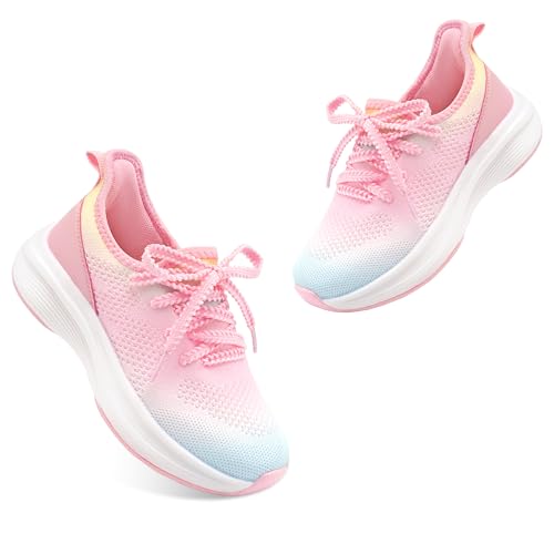 Stelle Girls Sneakers Kids Tennis Running Walking Shoes Slip-On Athletic Non Slip Lightweight Breathable Sport Shoes for Little/Big Kid(Rainbow Blue 13ML)