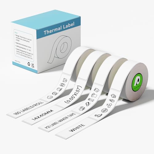 4 Rolls P21 Label Tape White 180 Labels/Roll,14x40mm (0.55\"x1.57\"),Thermal Label Paper Compatible with Nelko P21 Label Maker, Standard Laminated Thermal Label Tape Replacement, for Home Office