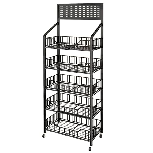 Fivaz - Expositor de 5 Niveles para supermercado, estanterías Independientes Negras con 12 Ganchos y 4 Ruedas, estantería metálica Grande para Tiendas